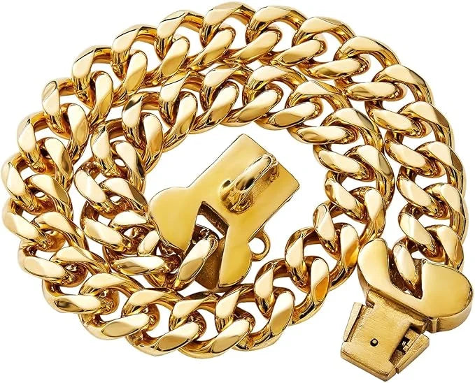 15mm Wide Strong Stainless Steel Bone Style Buckle Gold Dog Chain Collar,18K Gold Plated Cuban Link Chain Dog Necklace Col...