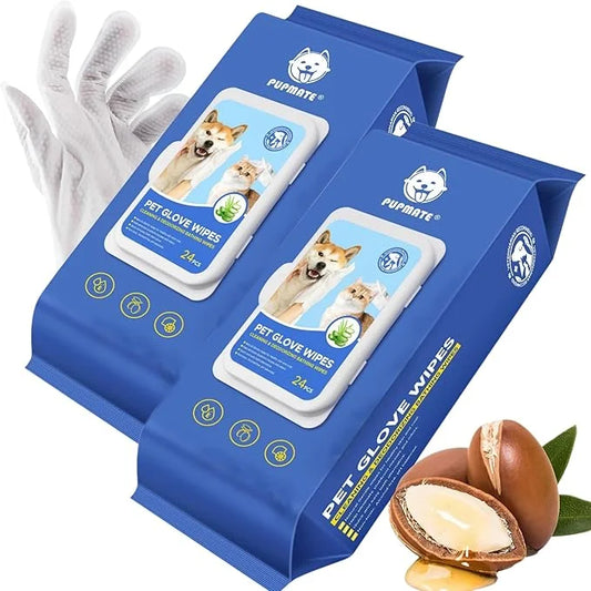 Pet Cleaning Glove Wipes for Dogs & Cats, Hypoallergenic Deodorizing Disposable No-Rinse Grooming Wipes, Extra Thick Bathi...