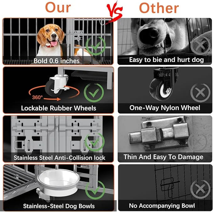 aboxoo 48/42 inch Heavy Duty Metal Dog Crate for 2 Dogs/Large Dog,All Metal Open Top,Dog Kennel Indoor with Wheels,Floor G...