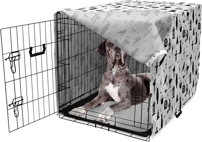 Lunarable Halloween Dog Crate Cover, Horror Pattern Tombstone Kitty Owl Voodoo Trick or Treat Pumpkin, Easy to Use Pet Ken...
