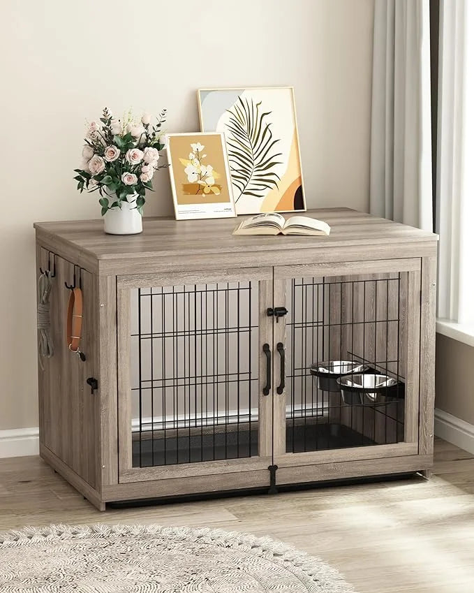 Piskyet Wooden Dog Crate Furniture with 360°Rotatable Removable Dog Bowls, Dog Crate End Table with Tray, Double Doors Dog...