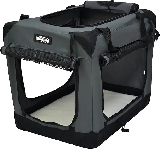 EliteField 4-Door Folding Soft Dog Crate with Curtains, Carrying Bag and Fleece Bed (2 Year Warranty), Indoor & Outdoor Pe...
