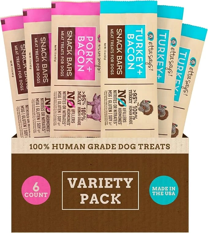 etta says! Variety Pack Snack Bars - Pork + Bacon - Turkey + Bacon - Premium All Natural Meat Treats for Dogs - Human Grad...