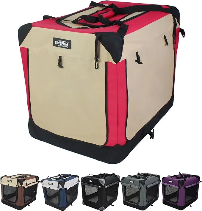 EliteField 4-Door Folding Soft Dog Crate with Curtains, Carrying Bag and Fleece Bed (2 Year Warranty), Indoor & Outdoor Pe...