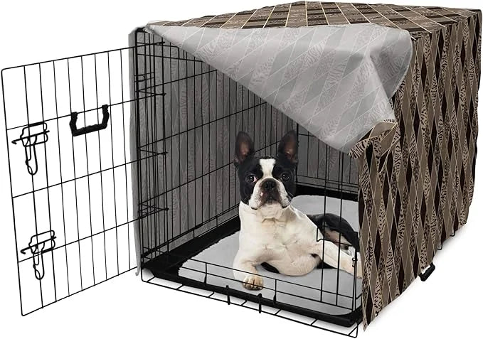 Lunarable Contemporary Brown Dog Crate Cover, Rhomb Check Pattern with Animal Skins, Easy to Use Pet Kennel Cover for Smal...