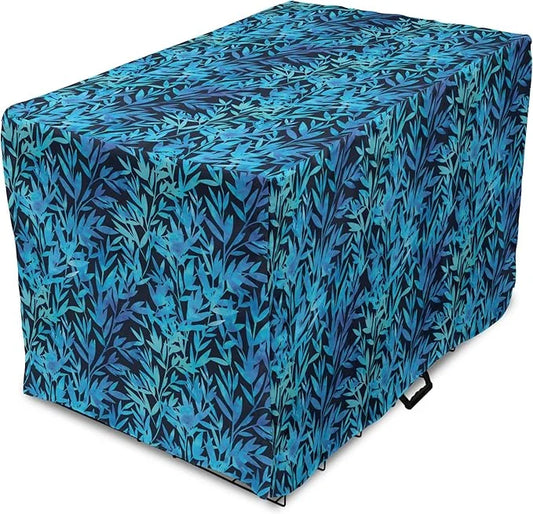 Lunarable Leaf Print Dog Crate Cover, Watercolor Hawaiian Inspired Nature Exotic Silhouettes on Dark Back, Easy to Use Pet...