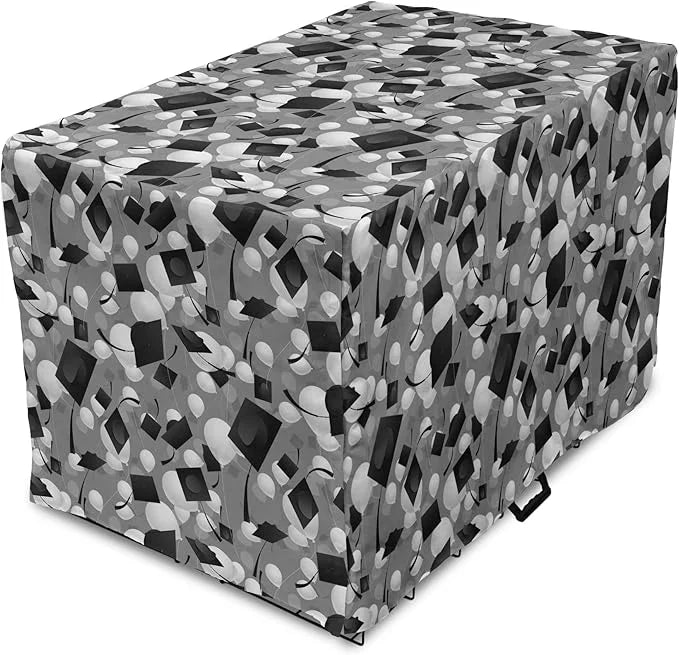 Lunarable Graduation Dog Crate Cover, Clutter of Mortarboard and Balloons in Greyscale Tones, Easy to Use Pet Kennel Cover...