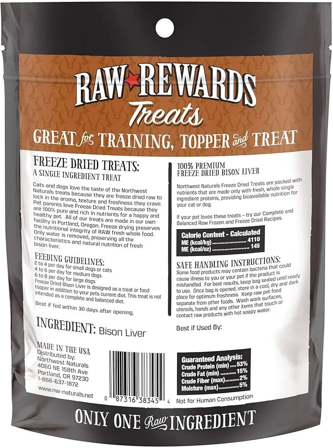 Northwest Naturals Raw Rewards Freeze-Dried Bison Liver Treats for Dogs and Cats - Bite-Sized Pieces - Healthy, 1 Ingredie...