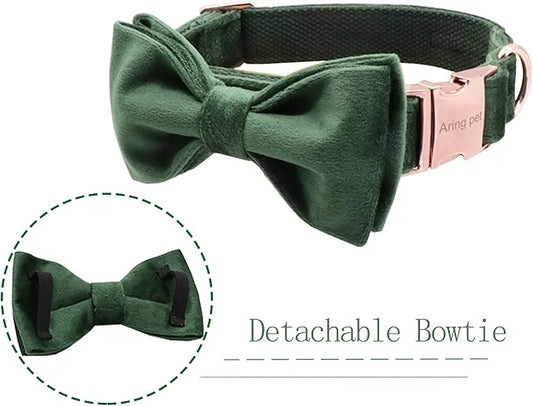 ARING PET Dog Collars with Bowtie-Velvet Dog Bow tie Collar, Adjustable Dark Green Dog Collar - Product Image