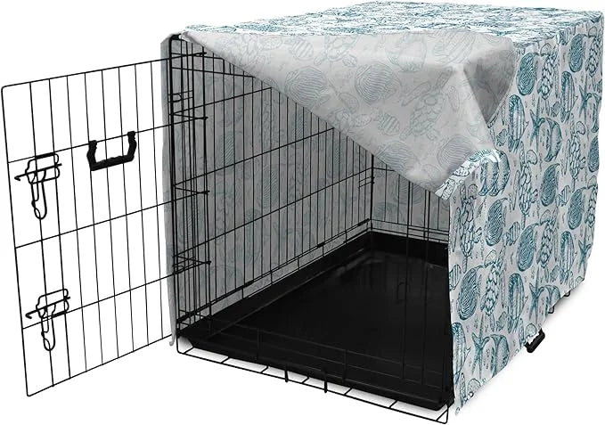 Lunarable Under The Sea Dog Crate Cover, Hand Drawn Sketch Art Style Fauna of The Sea Turtle Starfish and Fishes, Easy to ...