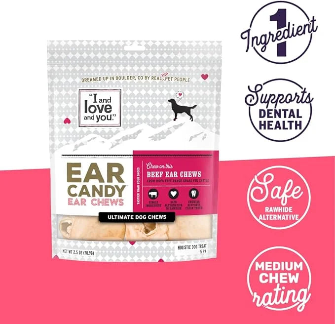 I and love and you Ear Candy Cow Ear Chews - Beef - Rawhide Alternative, Single Ingredient, Free Range Grass Fed Beef, 5ct...