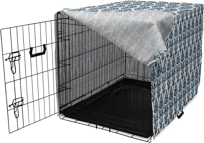 Lunarable Contemporary Blue Dog Crate Cover, Abstract Coral Inspired Motifs with Dots Around, Easy to Use Pet Kennel Cover...