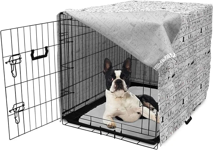 Lunarable Cartoon Dog Crate Cover, Funny Creatures and Monsters Doodle Faces in Manga Style Emotions, Easy to Use Pet Kenn...