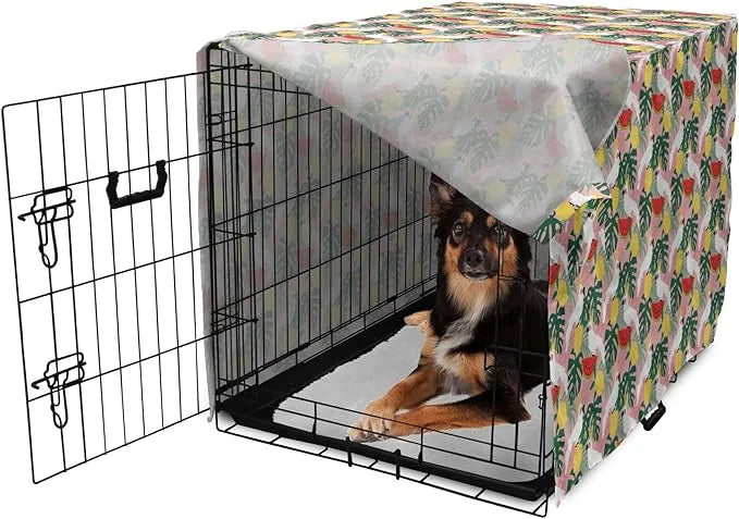 Ambesonne Summer Dog Crate Cover, Cockatoo Parrot in Exotic Forest Watermelon Slices Monstera Lemons Pattern, Easy to Use ...