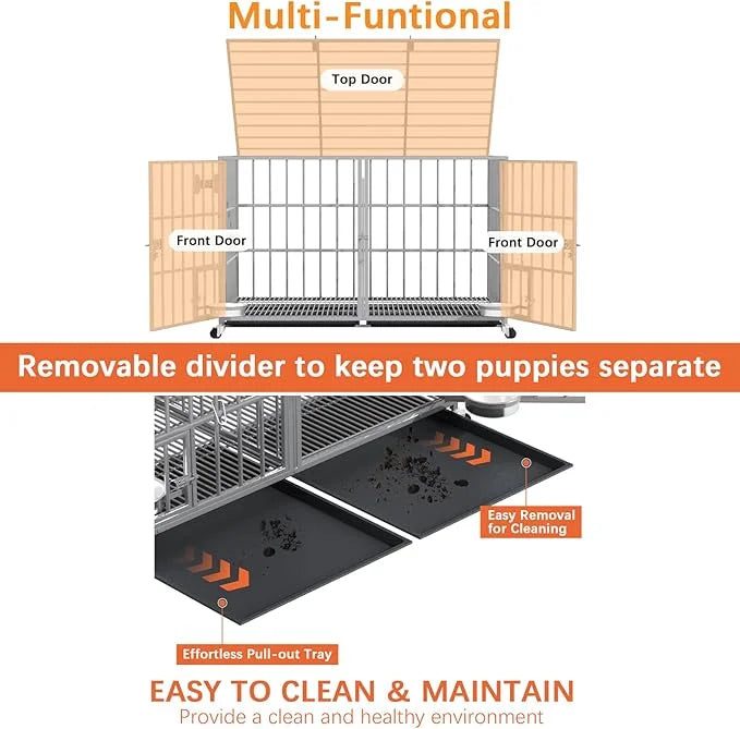 aboxoo 48/42 inch Heavy Duty Metal Dog Crate for 2 Dogs/Large Dog,All Metal Open Top,Dog Kennel Indoor with Wheels,Floor G...