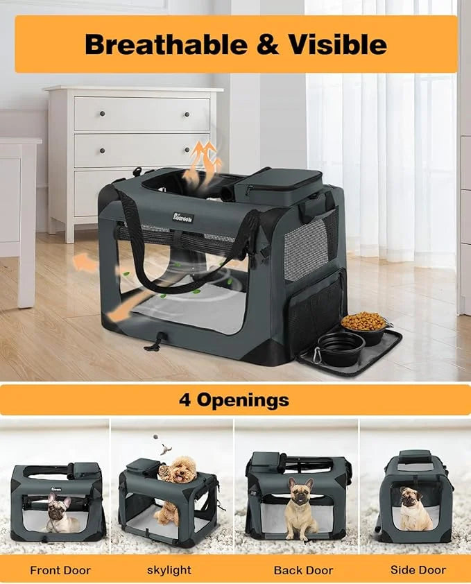 Extra Large Dog Crate with 2 Foldable Bowl, 28 Inch Collapsible Travel Dog Crate Kennel with Soft Blanket for Medium Dogs,...
