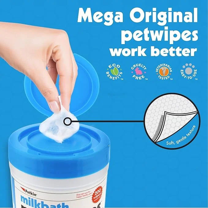 Petkin Mega PetWipes, 200 Wipes - Pet Wipes for Dogs and Cats - For Face, Paws, Ears, Body and Eye Area - Super Convenient...