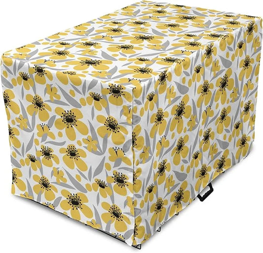 Ambesonne Floral Dog Crate Cover, Minimalistic Graphic Drawing of Yellow Flowers Pattern, Easy to Use Pet Kennel Cover for...