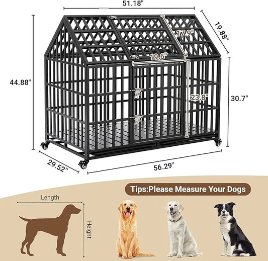 Heavy Duty Dog Crate, Escape Proof Dog Cage for Large Extra Large Dogs, 52 Inch, Dog Kennel Indoor with Lockable Wheels, I...