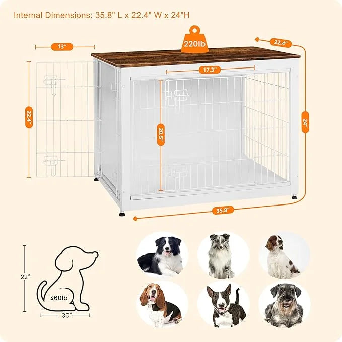 DWANTON Dog Crate Furniture with Cushion, Wooden Kennel Table with Double Doors, Indoor Dog House, Large Size, 38.5" L, Wh...