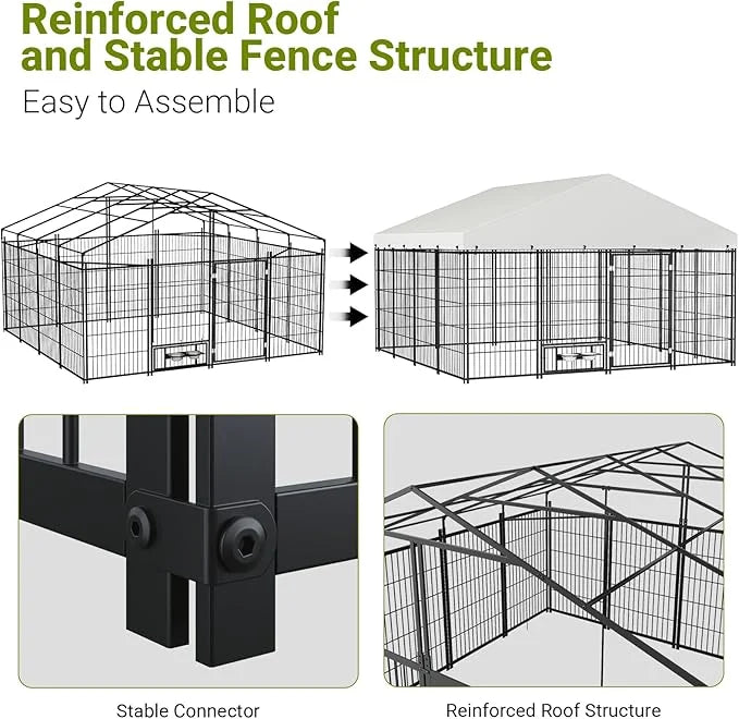 Rovibek 10x10 FT Dog Kennel Outside, Dog Kennels Outdoor with 2 Height Adjustable Rotating Feeder Bowls, Dog Enclosure Out...