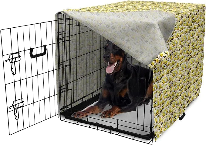 Lunarable Cartoon Dog Crate Cover, Construction Vehicles Style Machines Safety Building Theme, Easy to Use Pet Kennel Cove...