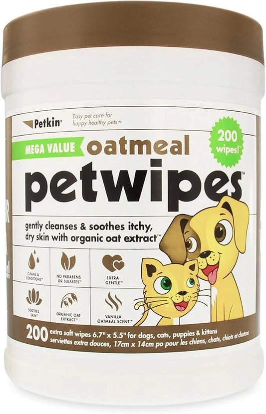 Petkin Mega PetWipes, 200 Wipes - Oatmeal Pet Wipes for Dogs and Cats, Use on Face, Paws, Ears, Body and Eye Area - Ideal ...