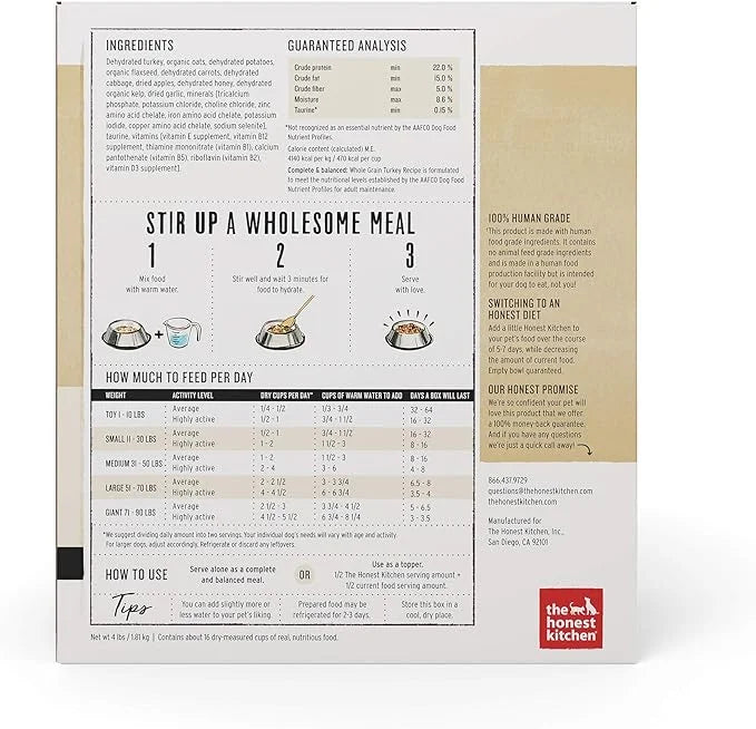 The Honest Kitchen Dehydrated Whole Grain Turkey Dog Food, 4 lb Box - Product Image