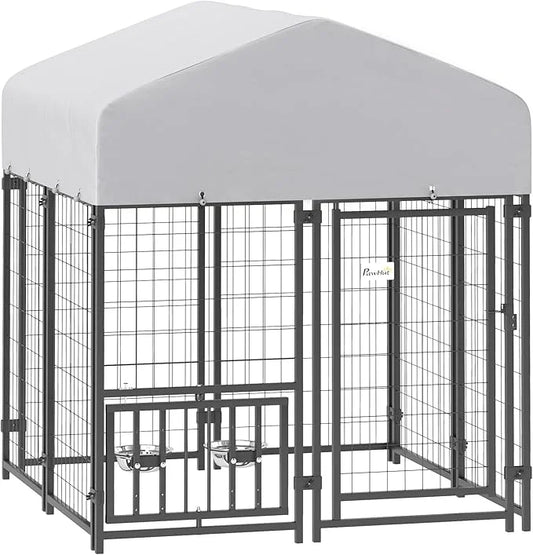 PawHut 3.9' x 3.9' x 4.5' Outdoor Dog Kennel, Welded Wire Heavy Duty Dog Run with 360° Rotating & 4 Level Adjustable Bowls...