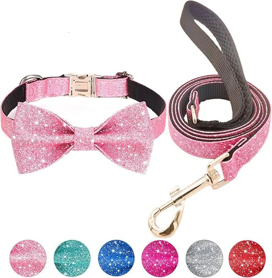 Bling Bow Tie Dog Collar and Leash Set, Cute Pink Girl Dog Collar with 5ft Leash for Small Medium Dogs Daily Walking or Ho...