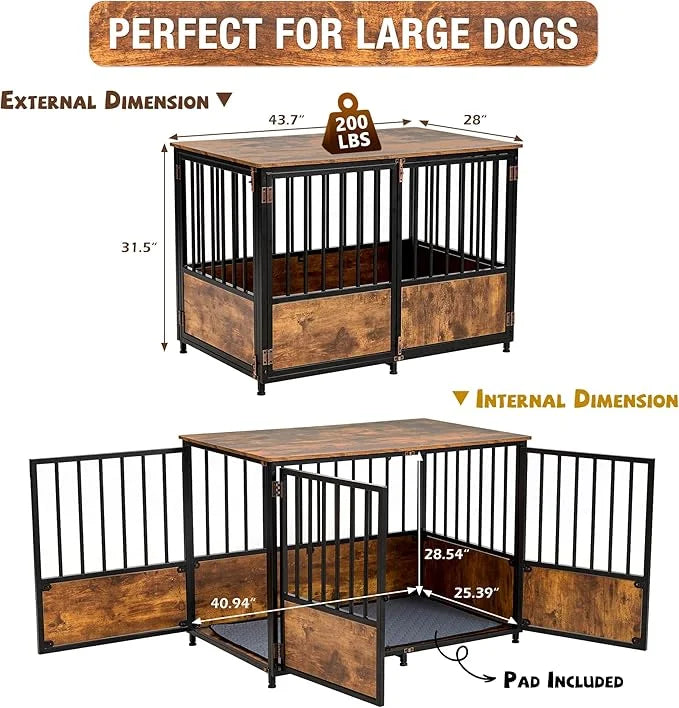 KOOPRO 43.7" Inch Dog Crate Furniture with Cushion for Large Dogs, Wooden Heavy Duty Dog Kennel with Double Doors Indoor, ...