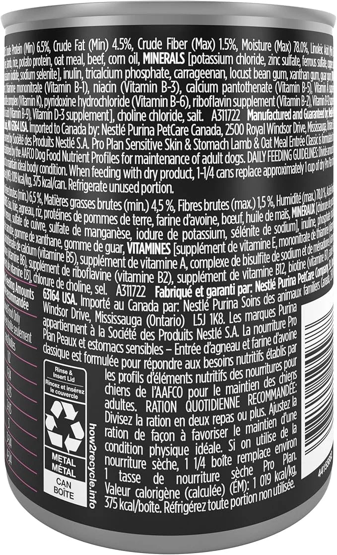 Purina Pro Plan Sensitive Skin and Stomach Dog Food Wet Classic Pate Lamb and Oat Meal Entrée - (Pack of 12) 13 oz. Cans -...