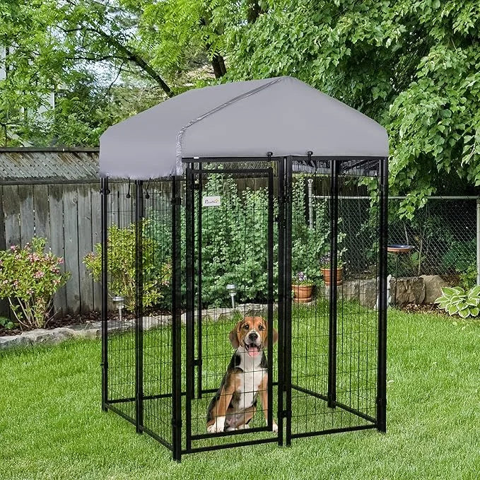 PawHut Outdoor Dog Kennel with Roof, 4' x 4' x 6' Heavy Duty Welded Wire Dog Playpen Enclosure with Escape-Proof Lock, UV-...