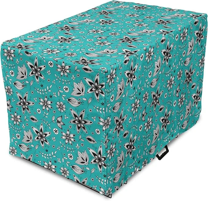 Lunarable Flower Dog Crate Cover, Abstract Monochrome Floral with Botanical Items, Easy to Use Pet Kennel Cover for Medium...