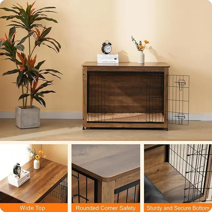 DWANTON Dog Crate Furniture with Cushion, Wooden Kennel Table with Double Doors, Indoor Dog House, Large Size, 38.5" L, Wa...