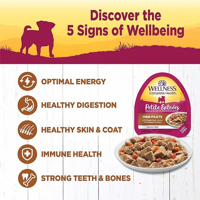 Wellness Petite Entrees Mini Fillets Grain Free Natural Wet Small Breed Dog Food, Roasted Beef, Carrots & Red Peppers, 3-O...
