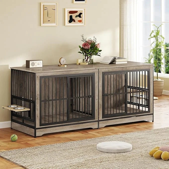 Rovibek 78 Double Dog Crate Furniture for 2 Large Dogs Indoor, Wooden Furniture Dog Crates with Dog Bowl, Dog Kennel Furni...