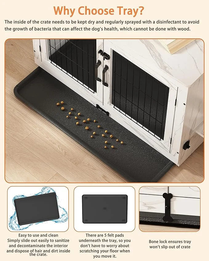 Piskyet Wooden Dog Crate Furniture with 360°Rotatable Removable Dog Bowls, Dog Crate End Table with Tray, Double Doors Dog...