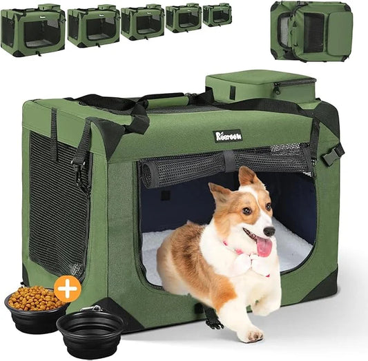 Extra Large Dog Crate with 2 Foldable Bowl, 28 Inch Collapsible Travel Dog Crate Kennel with Soft Blanket for Medium Dogs,...