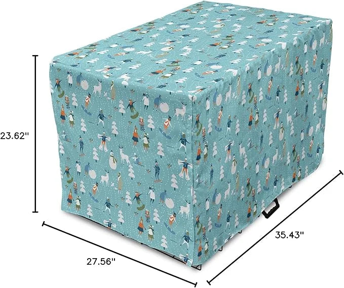 Lunarable Christmas Dog Crate Cover, Winter Games Theme Pattern with Snowman Trees Snowboard Reindeer and Adults, Easy to ...