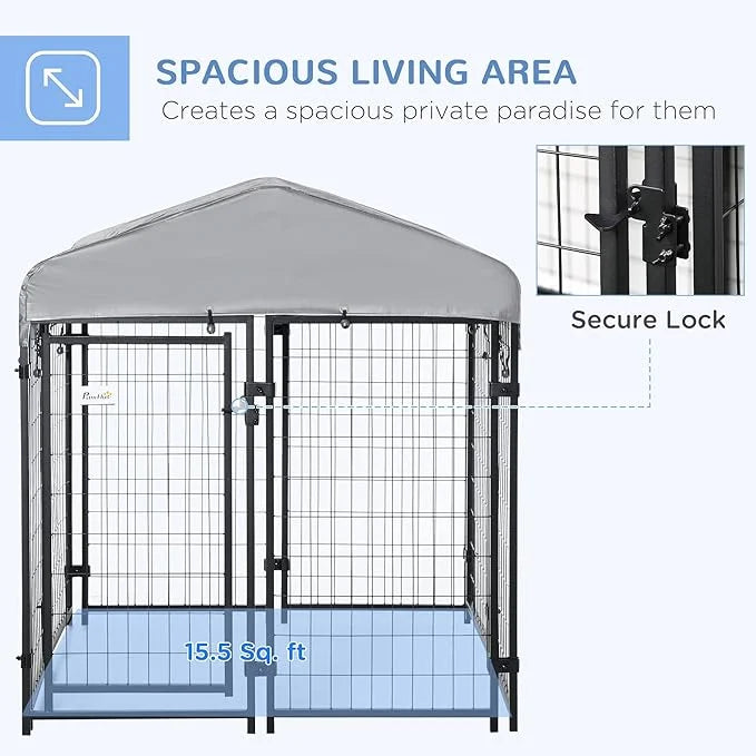 PawHut 4' x 4' x 4.5' Dog Kennel Outside, Dog Playpen Exercise Pen with Lockable Door, Water-Resistant Canopy, for Medium ...