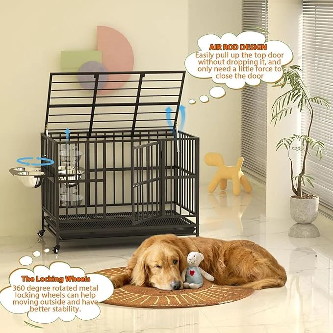 LOVMOR 37" Heavy Duty Dog Crate with Wheels/Unique Air Lift Rod / 360° & Adjustable 2 Bowls, Extra Small Dog Crate - Produ...