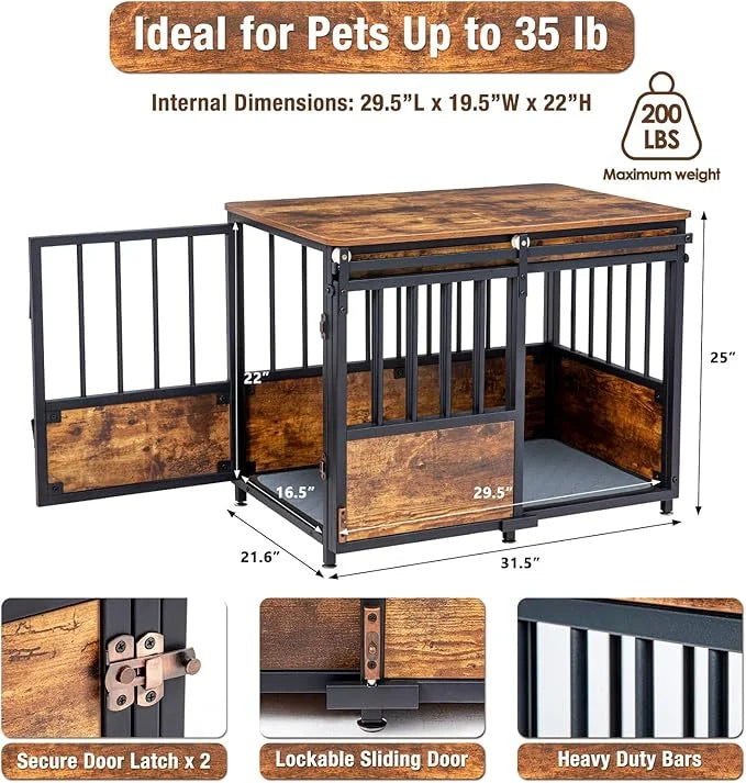 KOOPRO 32 Inch Dog Crate Furniture with Cushion for Large Medium Dogs, Wooden Heavy Duty Dog Kennel with Double Doors, Dec...