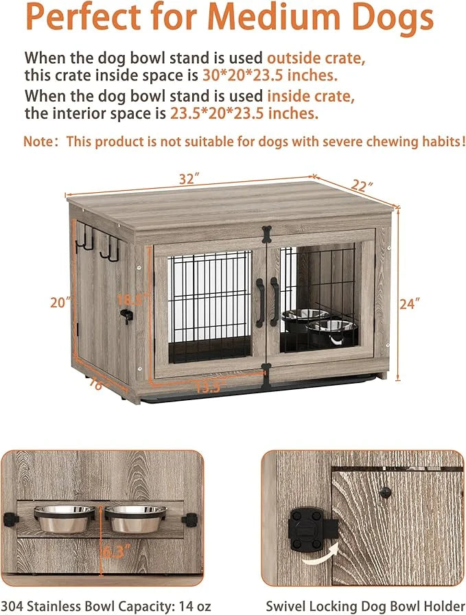 Piskyet Wooden Dog Crate Furniture with 360°Rotatable Removable Dog Bowls, Dog Crate End Table with Tray, Double Doors Dog...