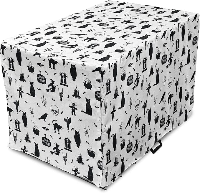 Lunarable Halloween Dog Crate Cover, Horror Pattern Tombstone Kitty Owl Voodoo Trick or Treat Pumpkin, Easy to Use Pet Ken...