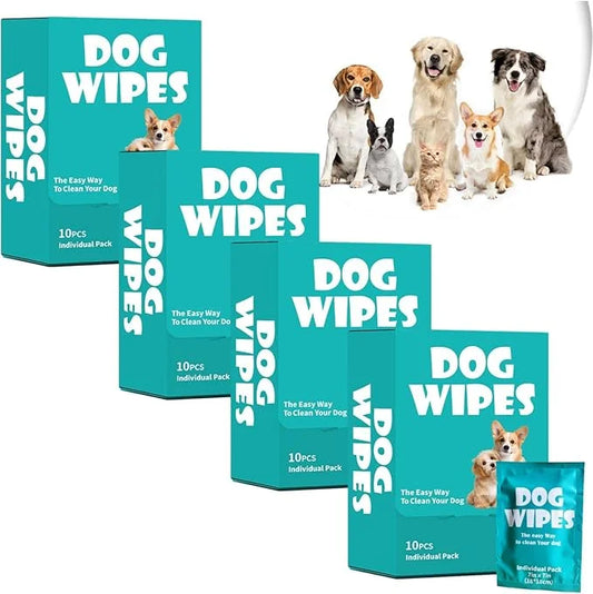 4 Pack Unscented Pet Wipes for Dogs & Cats Travel - 10 Individually Wrapped Waterless Cleaning Wipes per Box, Gentle Puppy...