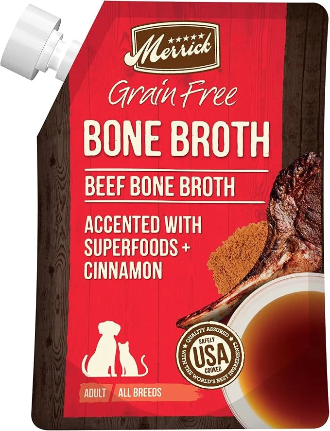 Merrick Grain Free Bone Broth, Premium Human Grade And Gluten Free Dog And Cat Food Topper Pouches, Beef - 16 oz. Pouch - ...