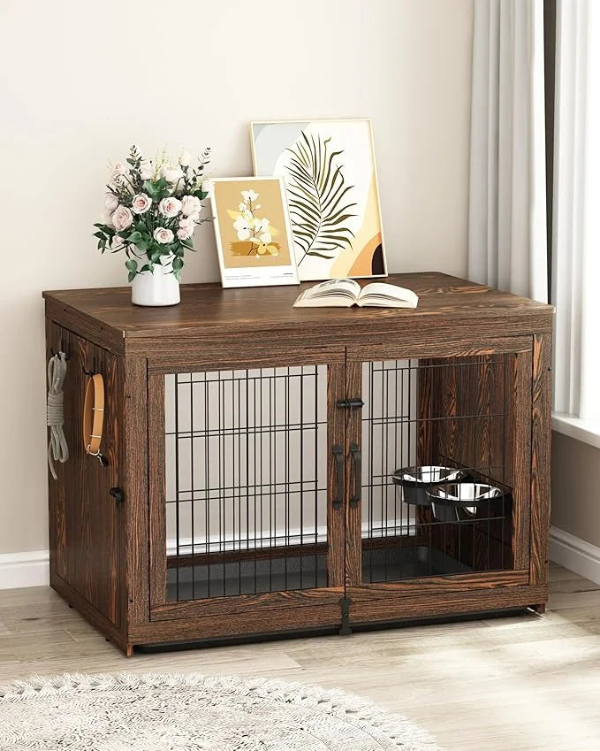 Piskyet Wooden Dog Crate Furniture with 360°Rotatable Removable Dog Bowls, Dog Crate End Table with Tray, Double Doors Dog...