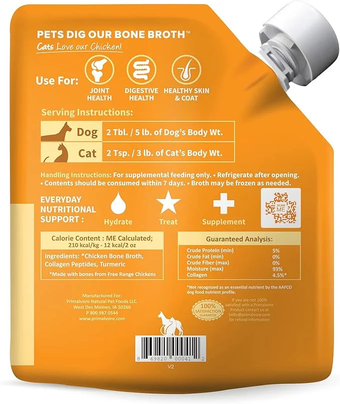 Primalvore Free-Range Bone Broth for Dogs &Cats, Mobility Formula w/Collagen Peptides to Help Support Hip & Joints, Digest...