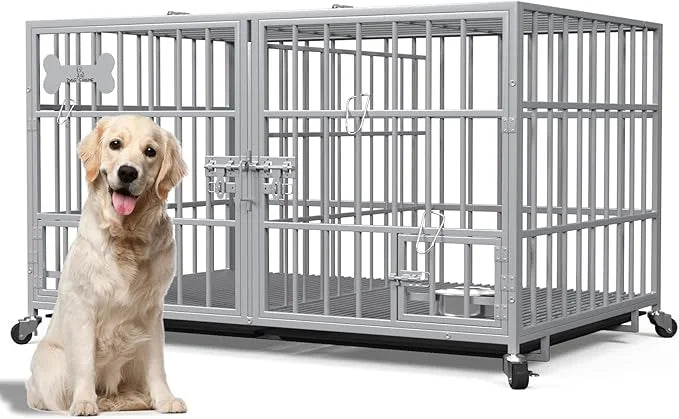aboxoo 48/42 inch Heavy Duty Metal Dog Crate for 2 Dogs/Large Dog,All Metal Open Top,Dog Kennel Indoor with Wheels,Floor G...